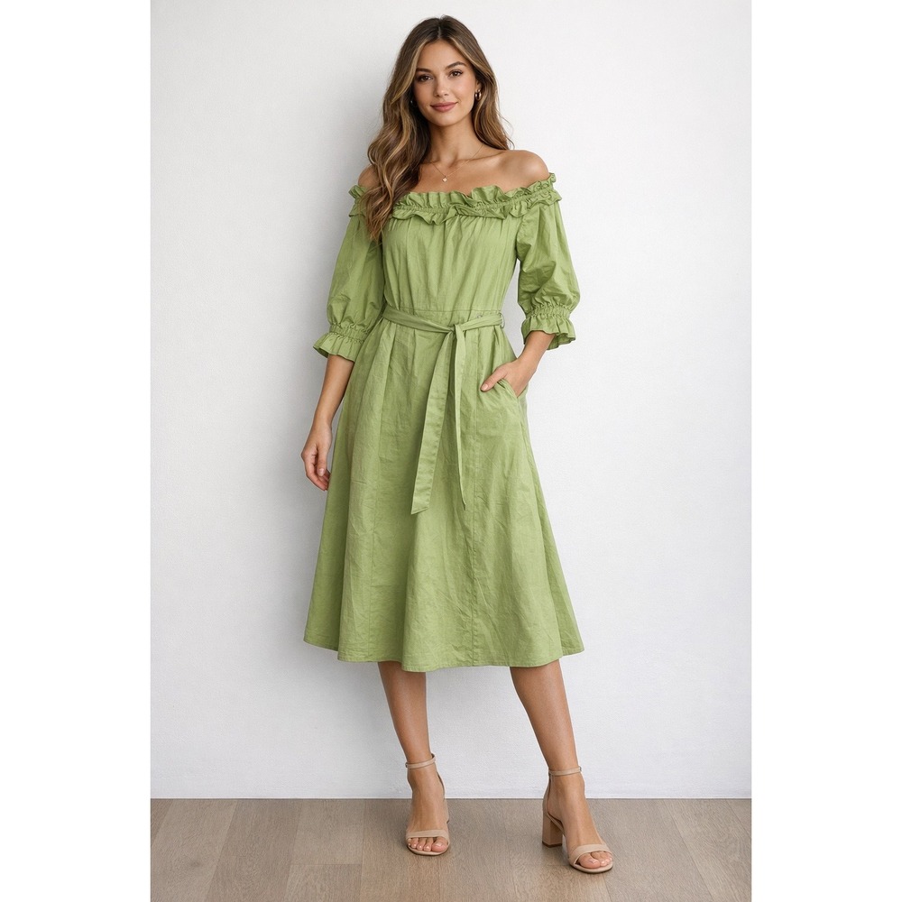 New York Company Off‎ Shoulder Ruffle Midi Dress Green Belted Size Medium